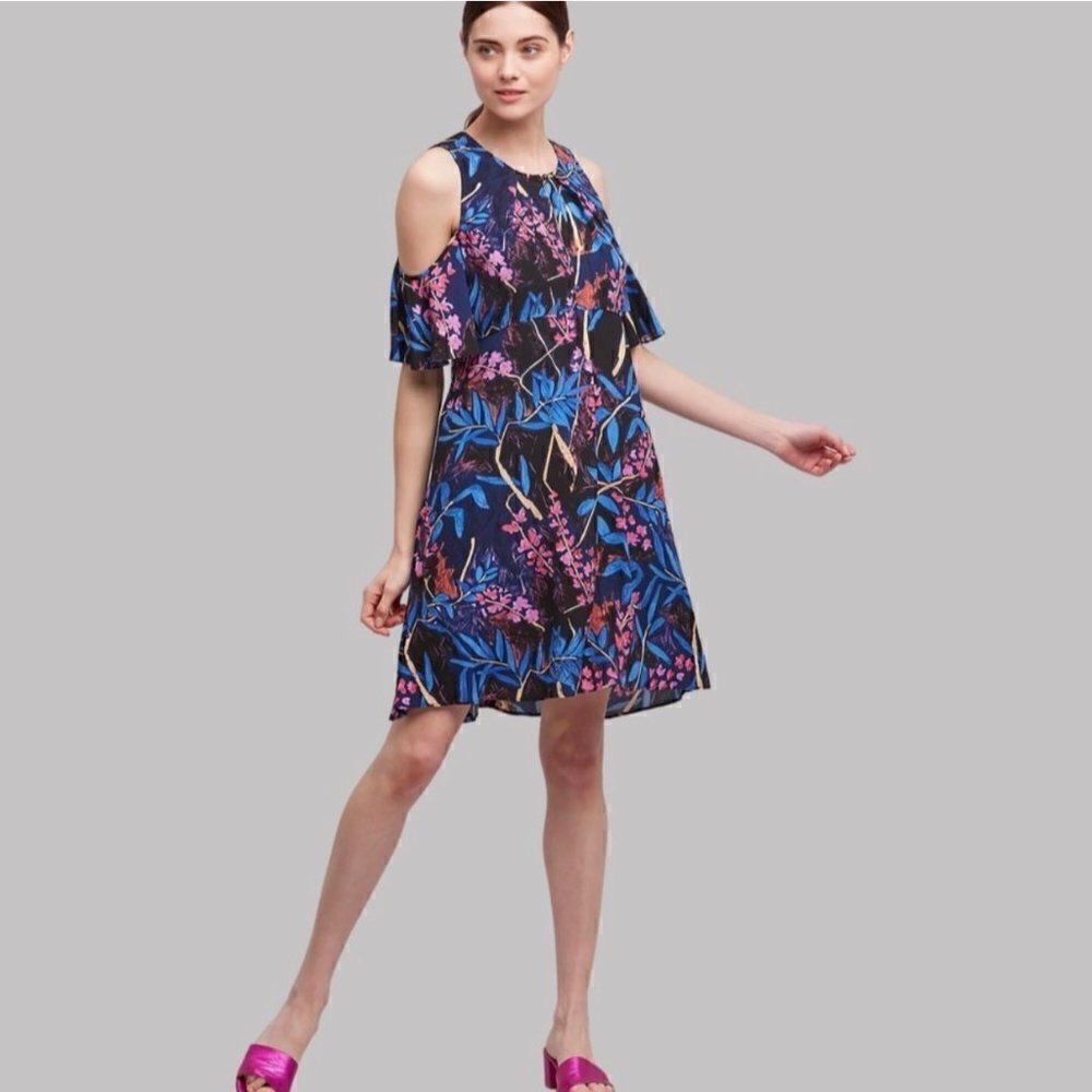 Anthropologie Maeve Elia Short‎ Cold Shoulder Sleeve Midi Dress Blue Floral 2